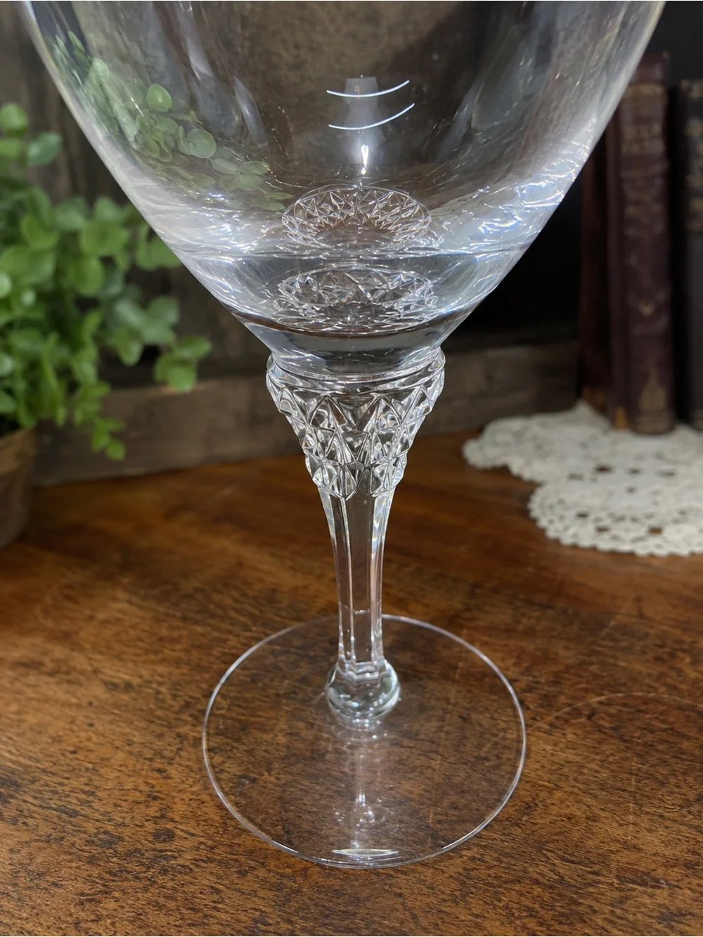 Vintage Clear Etched Crystal Wine Goblets Set of 8 Diamond Stem Scroll Pattern